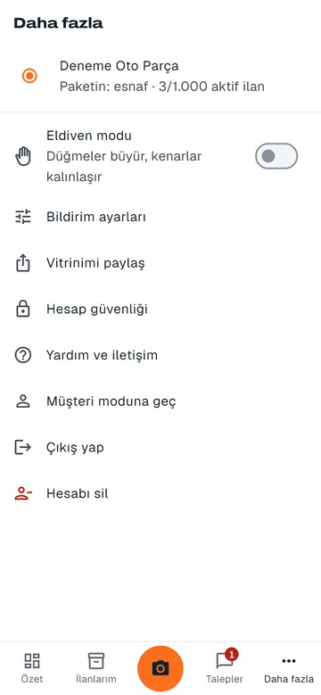 İşletme uygulamasında Daha fazla ekranı: eldiven modu anahtarı, bildirim ayarları, vitrini paylaş ve hesap güvenliği
