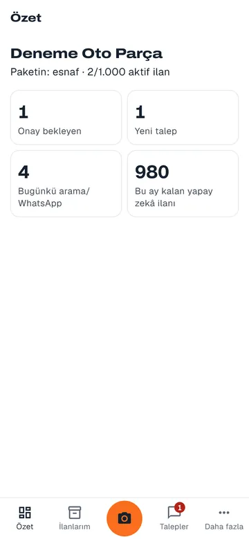 İşletme uygulamasında özet ekranı: işletme adı, paket, onay bekleyen ilan, yeni talep ve bugünkü arama sayıları